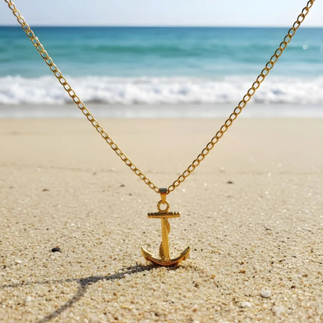 18K Gold Filled Mariner Anchor Pendant Necklace – Nautical Chain for Men & Women